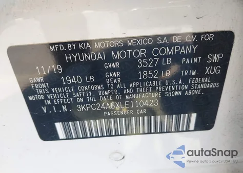 2020 Hyundai Accent Se z USA, uszkodzony, nr VIN 3KPC24A6XLE110423
